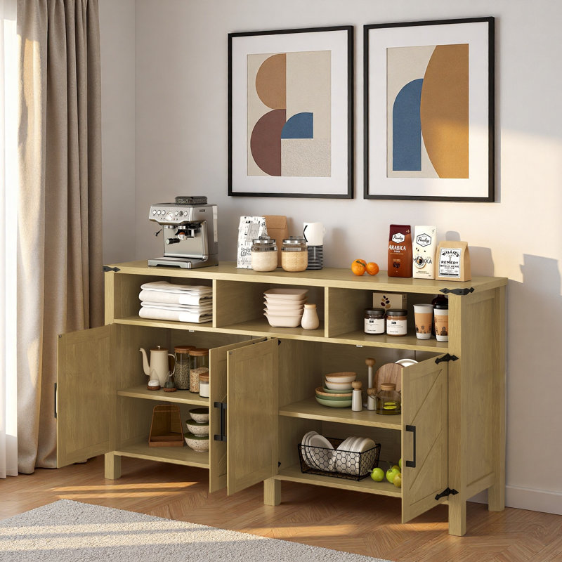 Buffet moderne à 4 portes avec prises de courant, ports USB, tablettes réglables, armoire de rangement ouverte et poignées en aluminium