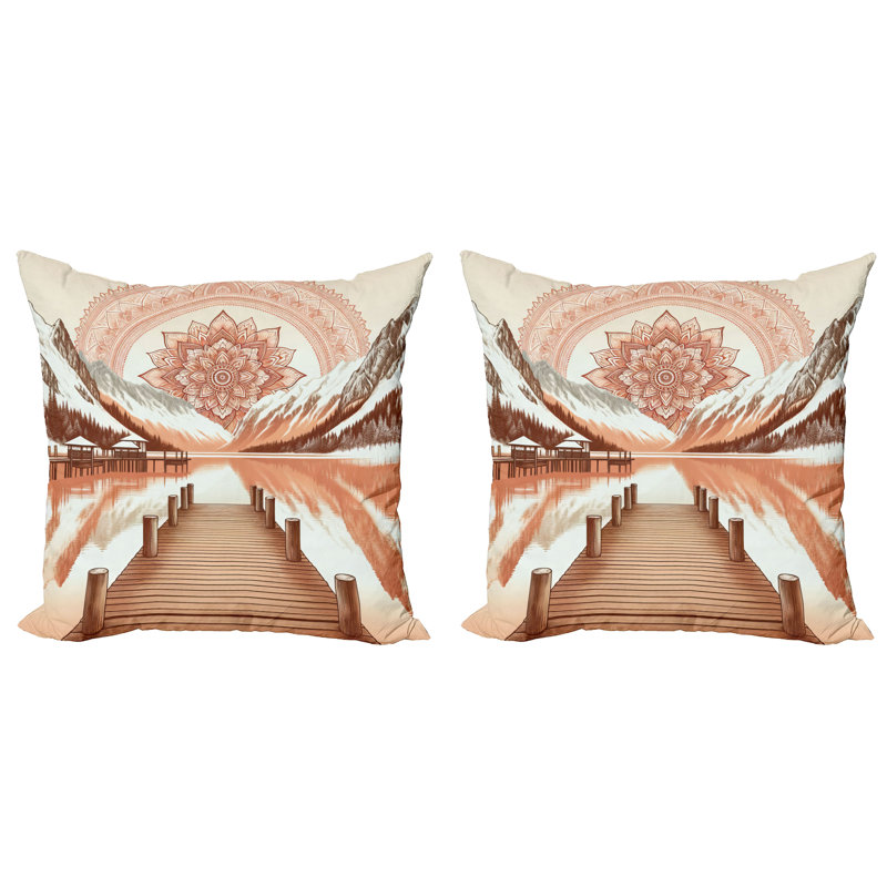 Salmon Redwood and Dark Rust Lake Mandala Reversible Throw Pillow Set