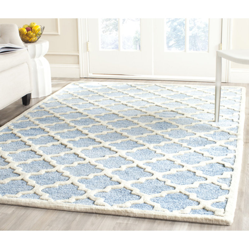 Mist Blue Hand-Tufted Geometric Wool Area Rug, 3' x 5'
