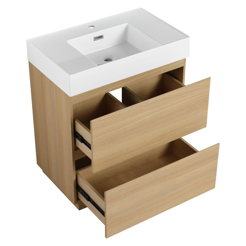 Meuble-lavabo 30 po avec lavabo simple - Armoire autoportante moderne à 2 tiroirs en bois d'ingénierie en chêne, Chêne, 30"