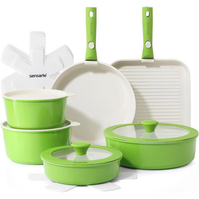 SENSARTE Nonstick Ceramic 17 Piece Pots and Pans Set with Removable Handle, include griddle, Dishwasher ＆ Oven Safe, PTFE/PTAS/PFOA Free