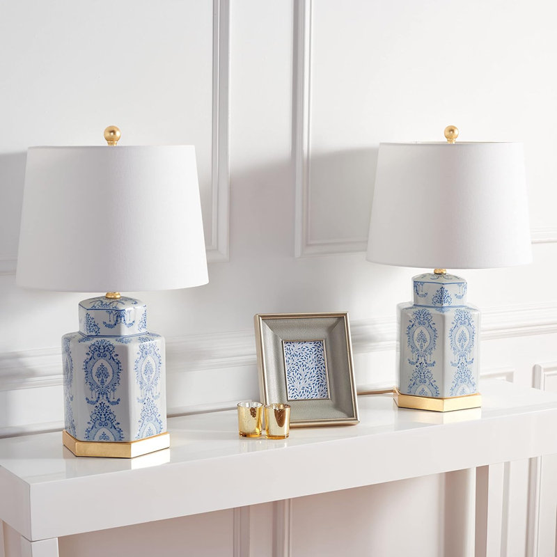 Bodin Blue and White Ceramic Table Lamp Set with Gold Leaf Finish