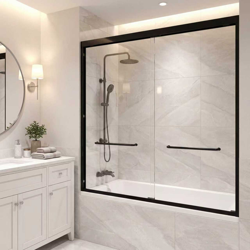 56" - 60" W x 58" H Double Sliding Shower Door, Framed Bypass Shower Door with 1/4-in (6mm) Tempered Glass and Quiet Rollers, Stainless Steel Accessories