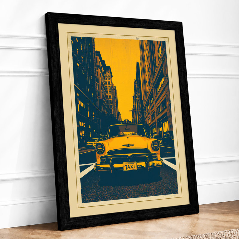 Yellow Cab at Vanishing Point Retro - Framed Print, A2 - 59.4 x 42.0 cm, Black