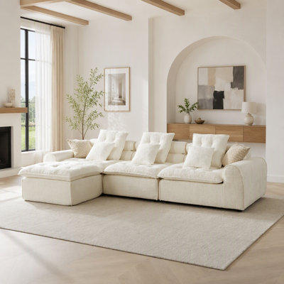 129.8" White Fluffy Lamb Wool Sectional Sofa, Oversized Deep Seat L Shaped Modular Corner Couch, Plush Cloud Comfy Large Combination Sofa with Throw Pillows for Living Room