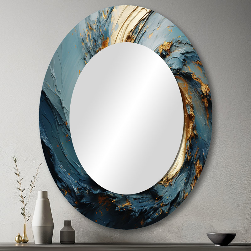 Gold And Blue Vortex Poteries - Gold Modern Oval Wall Mirror, 43" x 33"