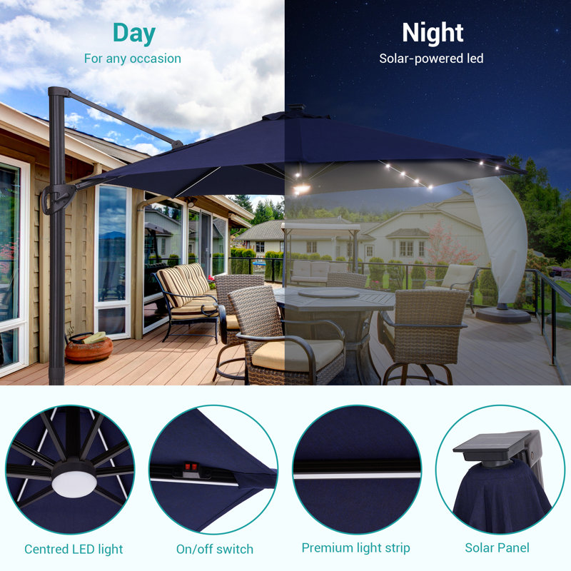 Navy Blue 11ft Cantilever Umbrella with LED Lights and Base