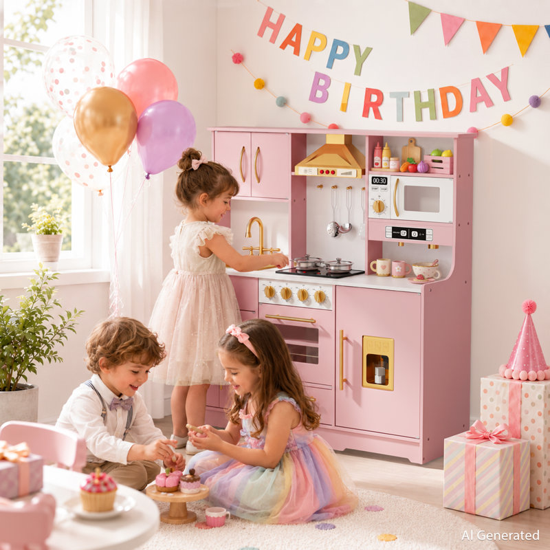 Wooden Kids Play Kitchen, Toy Kitchen Playset for Toddler, Realistic Kitchen Sets w/Lights & Sounds, Gift for Boys Girls Age 3+