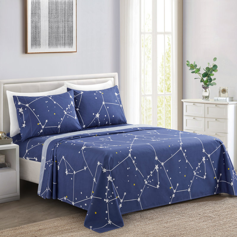 Marina Decoration Home Decor Bedding Bedroom Bedsheet Soft Silky Deep Pocket Rayon from Bamboo All Season 4 Pieces Printed Sheet Set with 2 Pillowcases, Navy Blue Asterism Pattern Twin/Single Size