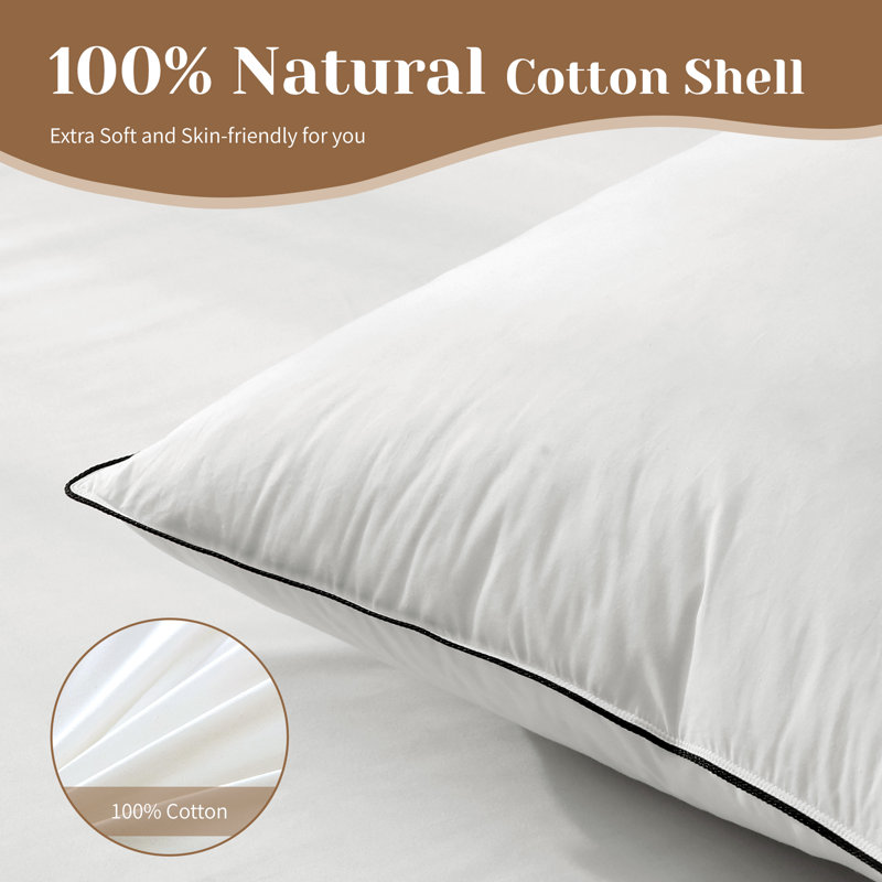 100% Organic Cotton Cover Soft Support Feather Down Pillows Set of 2, Queen