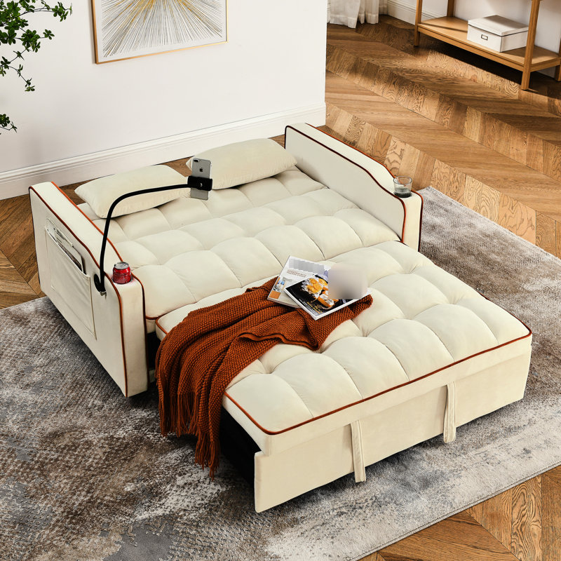 Lit en velours beige de 55,51 pouces, dossier réglable, cendrier, support pour téléphone et lit à coussins avec port, pour une soirée cinéma