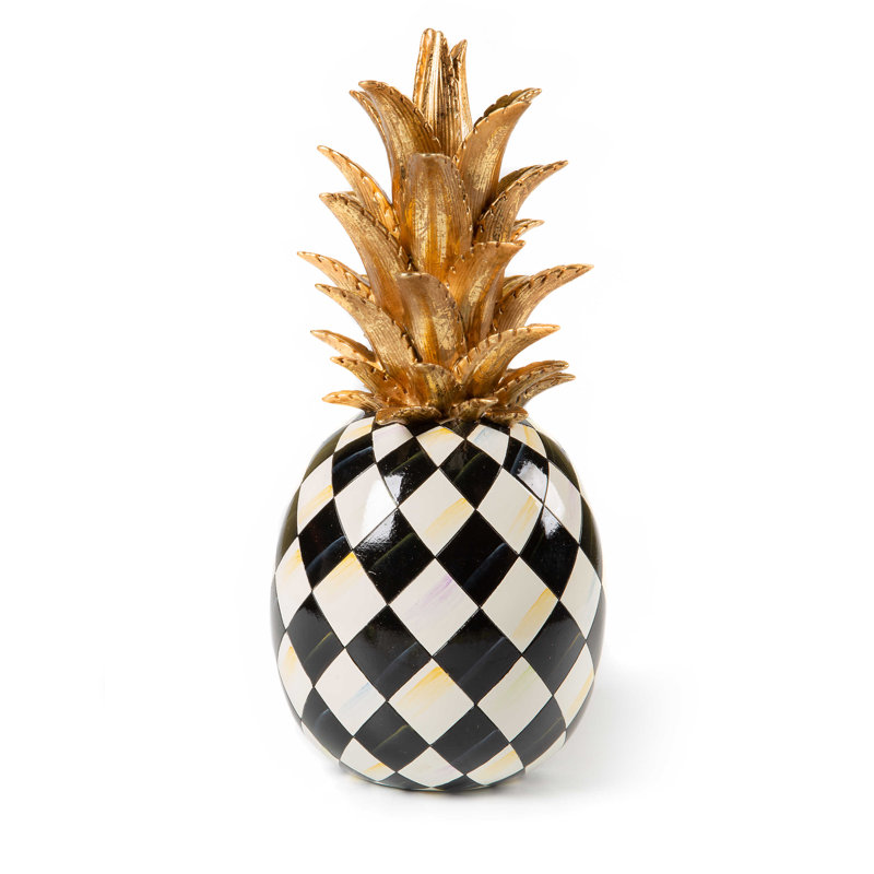 Hand-Painted Black and White Resin Pineapple Sculpture with Gold Crown