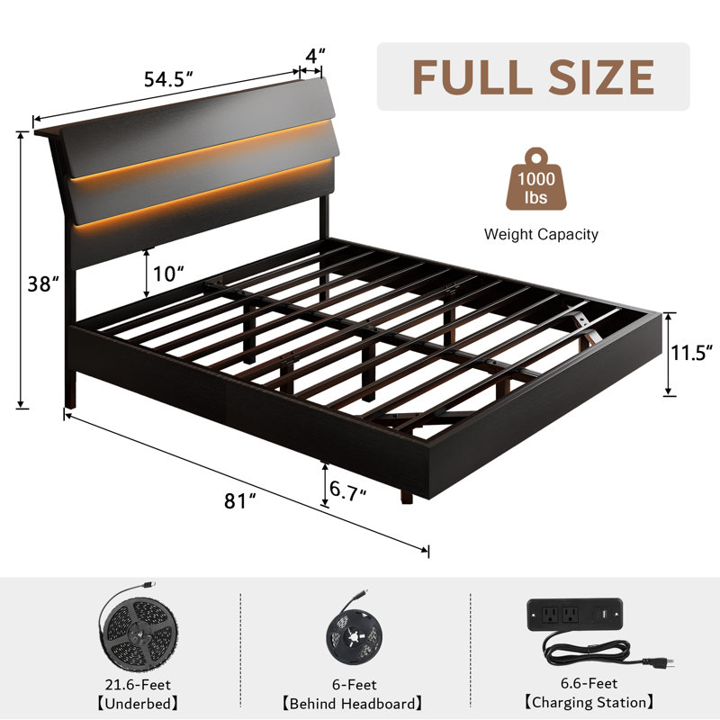  Full Size Floating Bed Frame With Led And Charging Station,metal Platform Bed Frame With Storage Headboard,no Box Spring Needed,noise-free,easy To Assemble,black