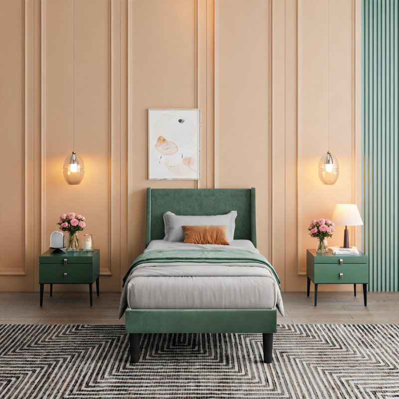 Dark Green Velvet 3FT Single Bed Frame with Winged Headboard, 190x90cm Upholstered Platform Bed with Wood Slat Support, No Mattress Needed, for Bedroom Guest Room
