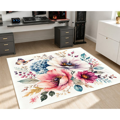 Tapis aquarelle à motif de papillons floraux, imprimé botanique vibrant, tapis antidérapant lavable artistique, décoration intérieure chic pour le salon, la chambre à coucher, le vestibule, la porte d'entrée, la cuisine, le balcon et l'appartement