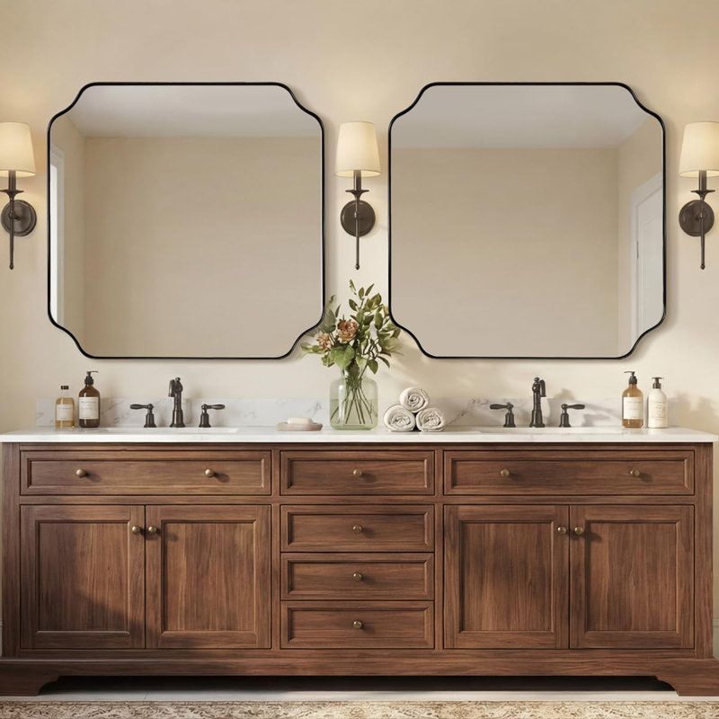 Modern Scalloped Corner Rectangle Bathroom Vanity Mirror | Stainless Steel Frame, Matte Black, 30" x 30"