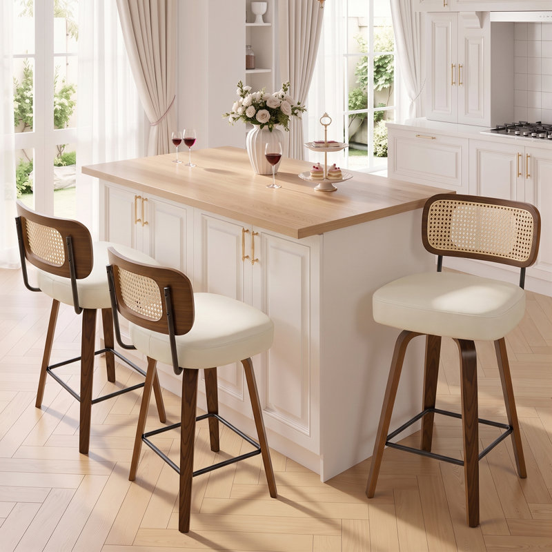 Adianey Swivel Upholstered Rattan Back Counter & Bar Stool, White, Counter Stool (26" Seat Height), Brown