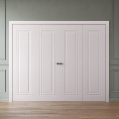 Sliding Closet Double Bi-Fold Doors | ESSENTIAL 1111 White | Sturdy Tracks Moldings Trims Hardware Set | Wood Solid Bedroom Wardrobe Doors