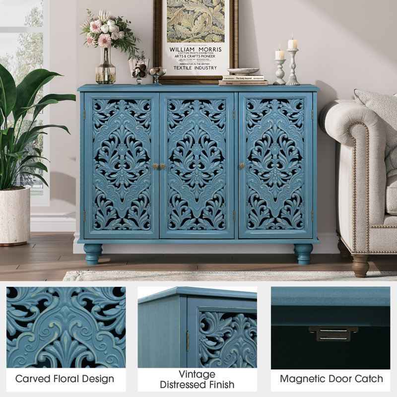 Accent Cabinet With 3 Doors, Storage Cabinet With Solid Wood Legs And Adjustable Shelves, Sideboard Buffet For Living Room, Entryway, Dining Room, Bedroom, Blue