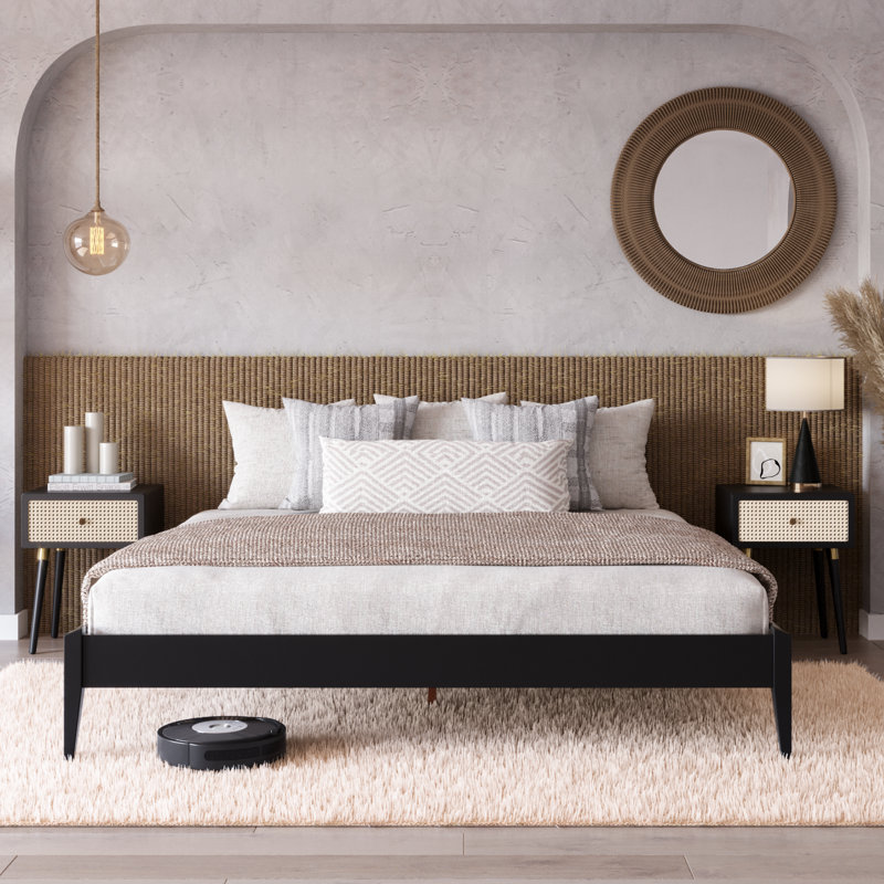 Finney Solid Wood Platform Bed without Headboard, Mid-Century Modern Bed Frame, King, Black