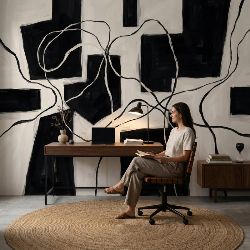 Papier peint géométrique noir minimaliste, Non-Woven Nonpasted, 200"x120"