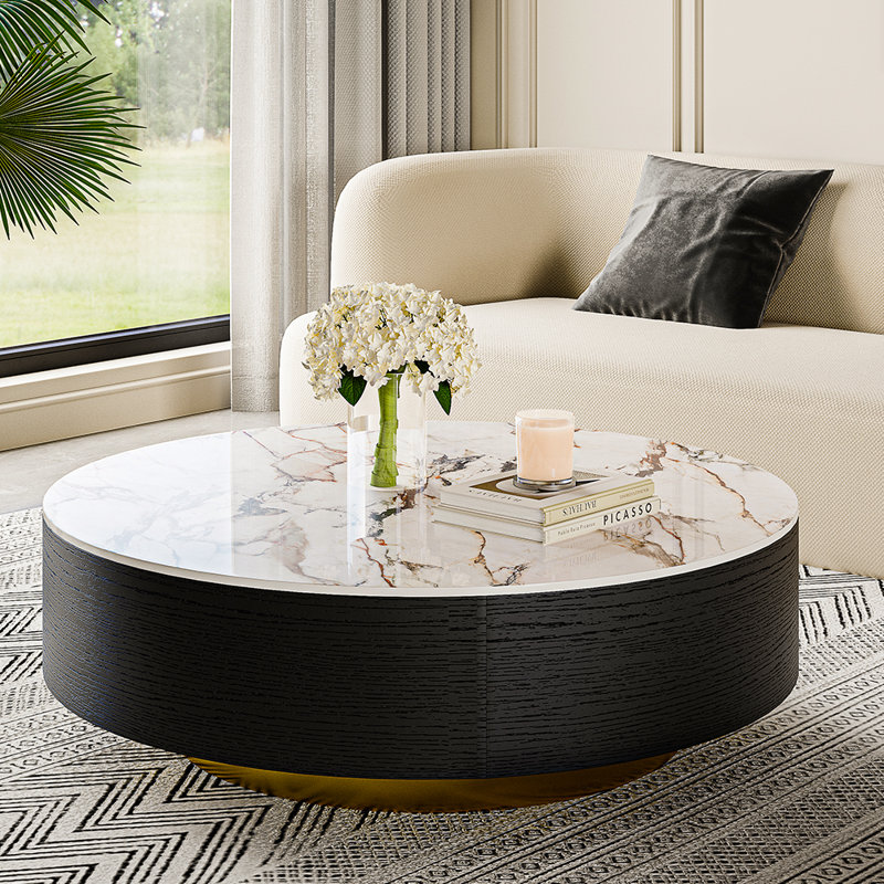 Table basse Daniel-Jack, plateau en pierre frittée, 2 tiroirs en bois massif, entièrement assemblé, Noir, noir, noir, noir