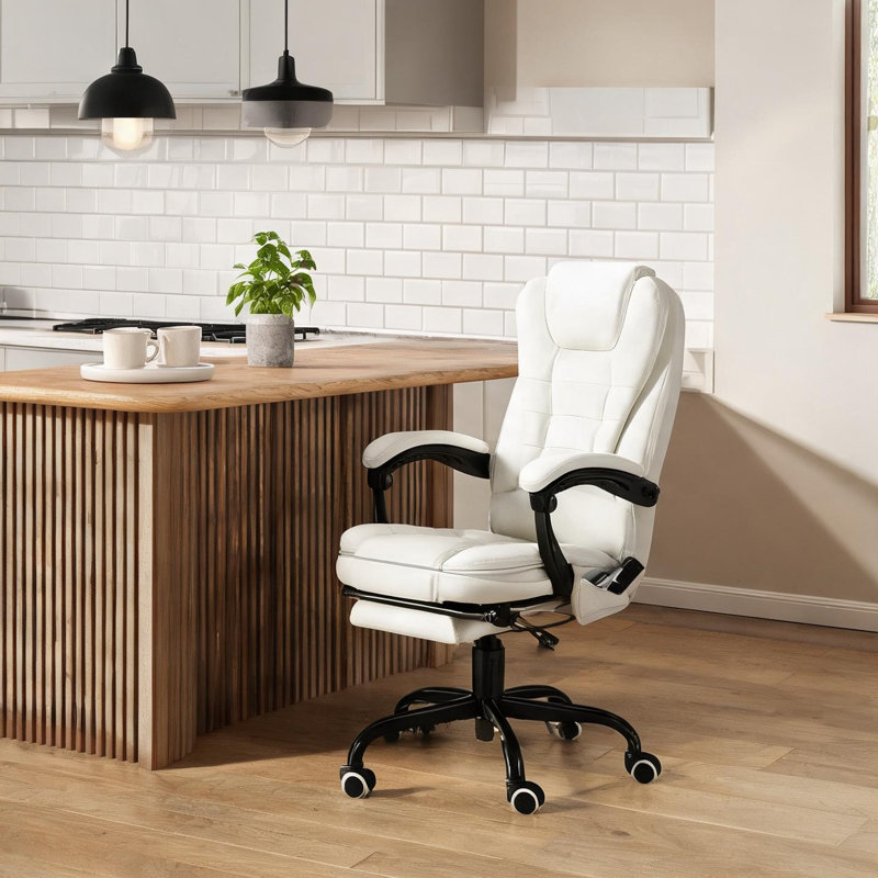 Fauteuil de bureau ergonomique massant à dossier haut avec vibration, inclinable et repose-pieds rétractable, fini blanc