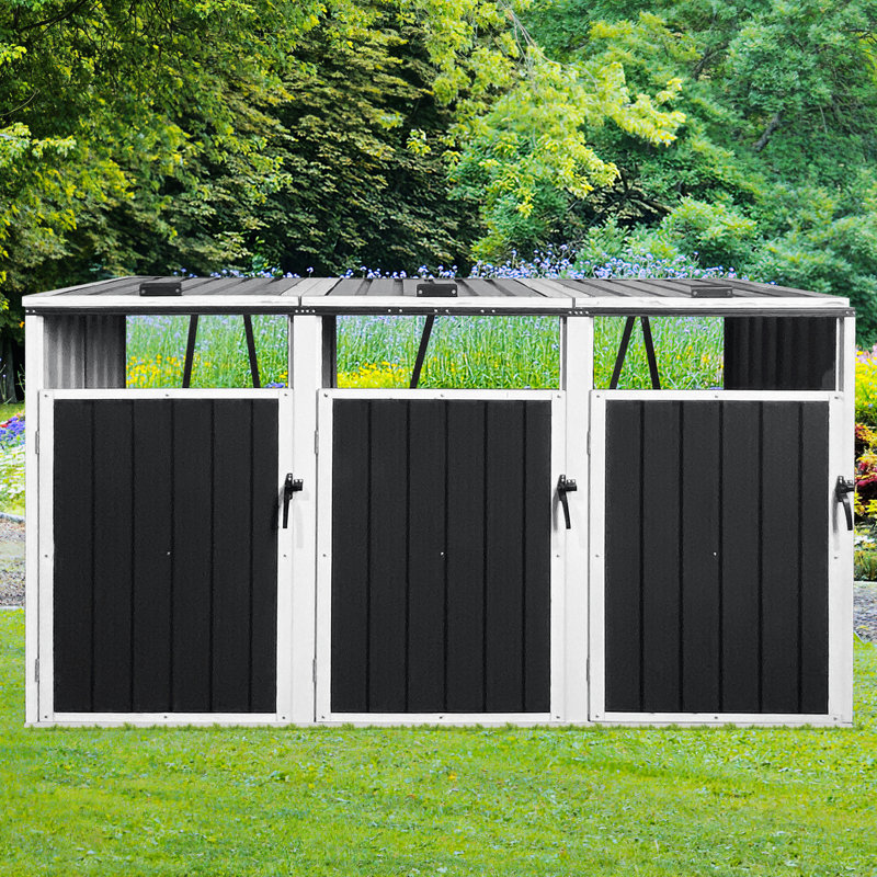 Remise en métal pour poubelle d'extérieur - Peut contenir 3 poubelles, résistantes aux intempéries, grises pour la structure