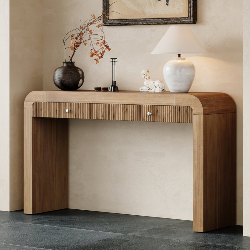 Console rustique avec façade de tiroir cannelée, table d'entrée avec coins courbés et pieds épais, table de canapé robuste pour le couloir et le salon