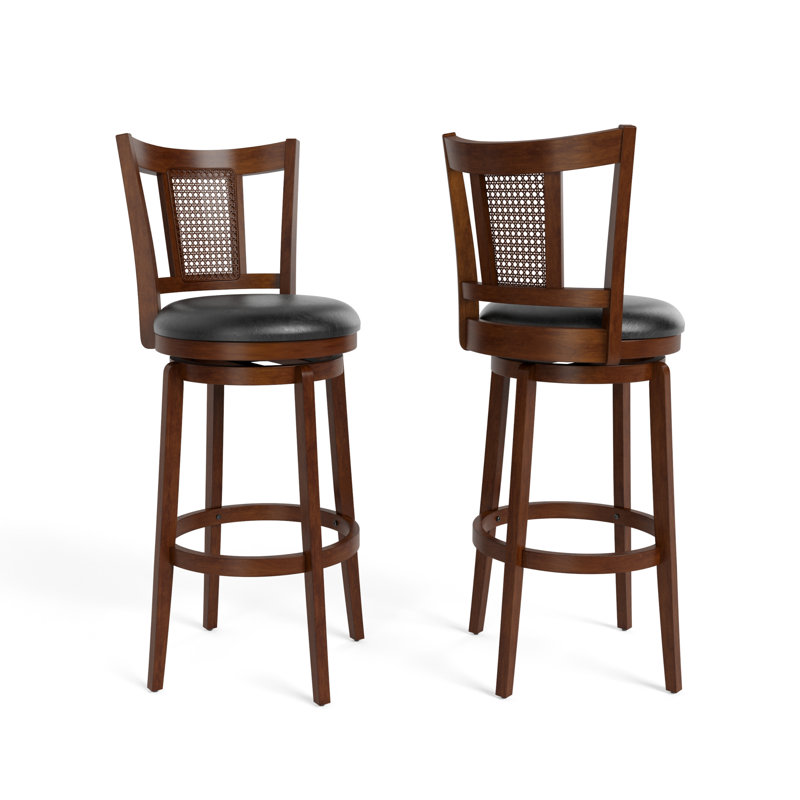 Avis 30" Traditional Upholstered Bar Stool with Faux Leather Swivel Seat and Rattan Back Rubber Wood Frame (Set of 2), 2