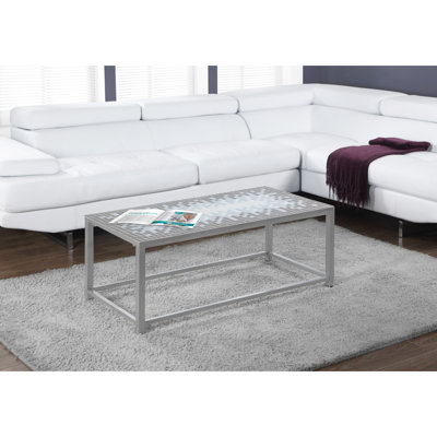 Table basse, accent, cocktail, rectangulaire, salon, L 42 po, carrelage bleu, métal gris, transitionnel