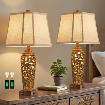 27 Inch Farmhouse Table Lamps Set Of 2 With USB A+C Charging Ports, Rustic Nightstand Lamps With Dual Light Sources And Included LED Bulbs For Living Room And Bedroom