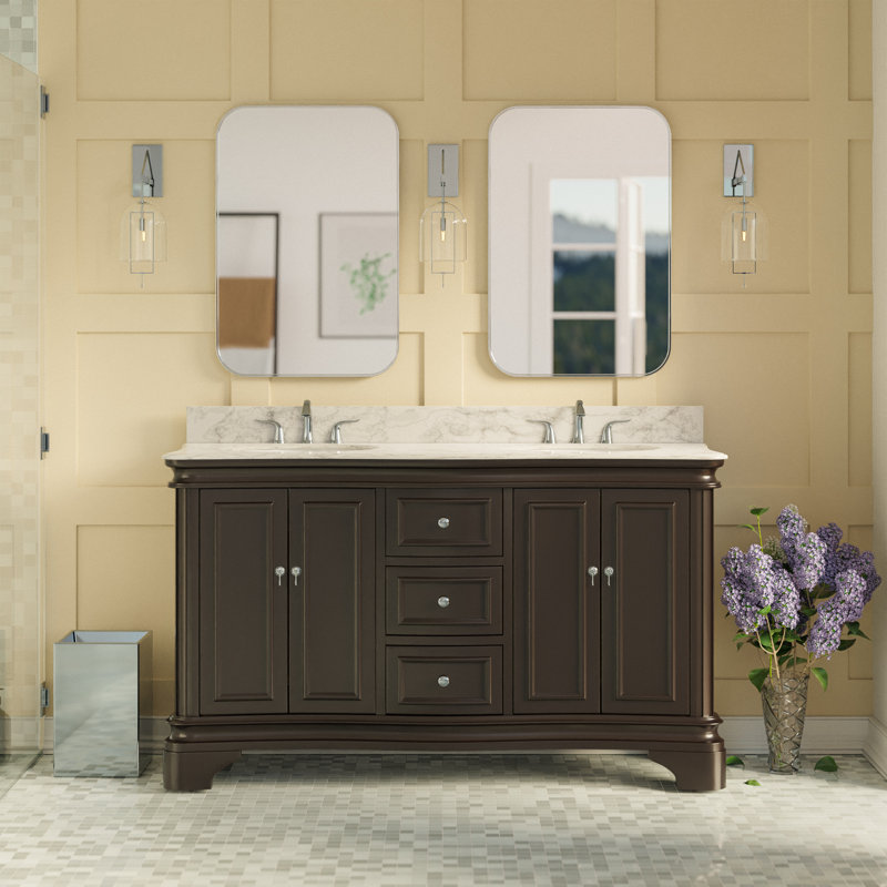 Ensemble de meuble-lavabo double 60 po avec armoire chocolat et comptoir en marbre de Carrare Katherine, Marbre de Carrare