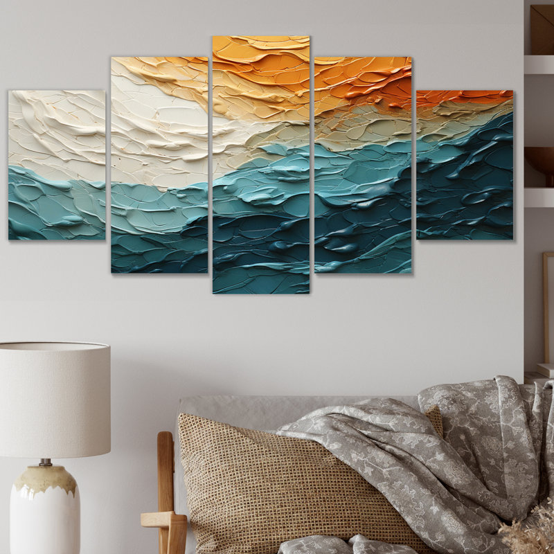 «Teal Orange Ocean Coastal Essence Collage», reproduction sur toile moderne - 5 panneaux