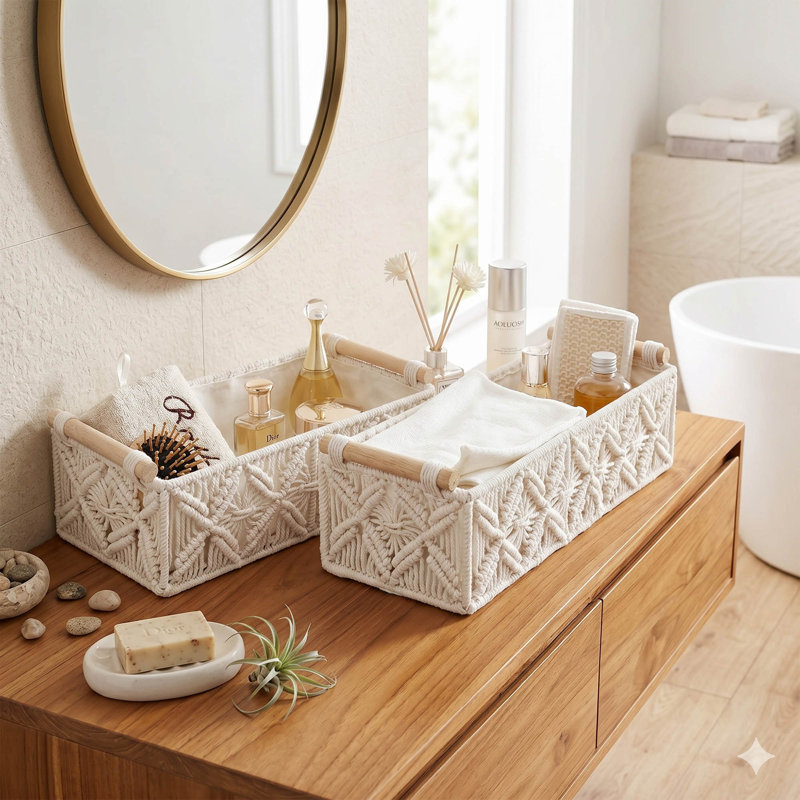 Panier de rangement en macramé Boho, panier de rangement en corde de coton tissé pour tablettes et comptoirs, Blanc