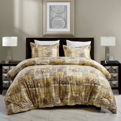 Ensemble d'édredon 3 pièces pour très grand lit en velours royal doré et taupe brun doré avec taies décoratives-Nish