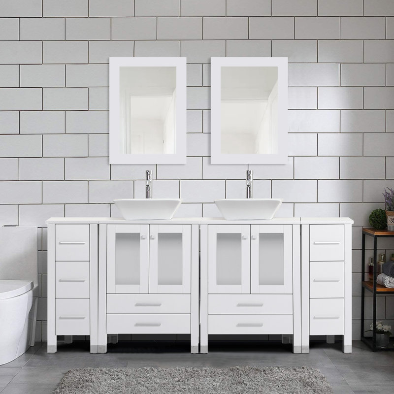 Meuble-lavabo double 72 po avec comptoir en bois, lavabo vasque, robinet en alliage de zinc, pieds en bois massif 72 po