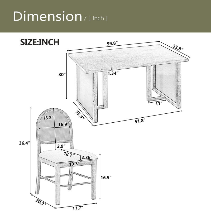 Ensemble de table de salle à manger 7 pièces de style campagnard pour table rectangulaire de 6 à 59,8 po avec placage de chêne vieilli et 6 chaises en rotin