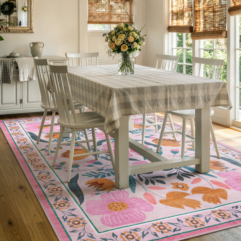 Tapis lavable à motif floral rétro avec envers antidérapant Kaidi, Rectangulaire 8 pi x 10 pi