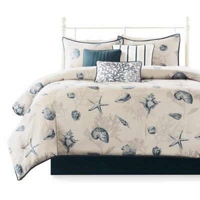Cotton Comforter Queen Blue - Assorted Seashells Accentuated With Dark Backing Size 180tc Cross Weave And Fill