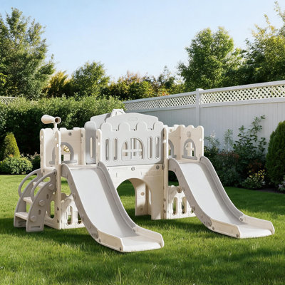 Toboggan double autoportant 10 en 1 pour tout-petits, glissade double côte à côte pour enfants, idéale pour les aires de jeux intérieures et extérieures, structure de jeu robuste en PEHD pour enfants de 1 à 3 ans, gris et blanc