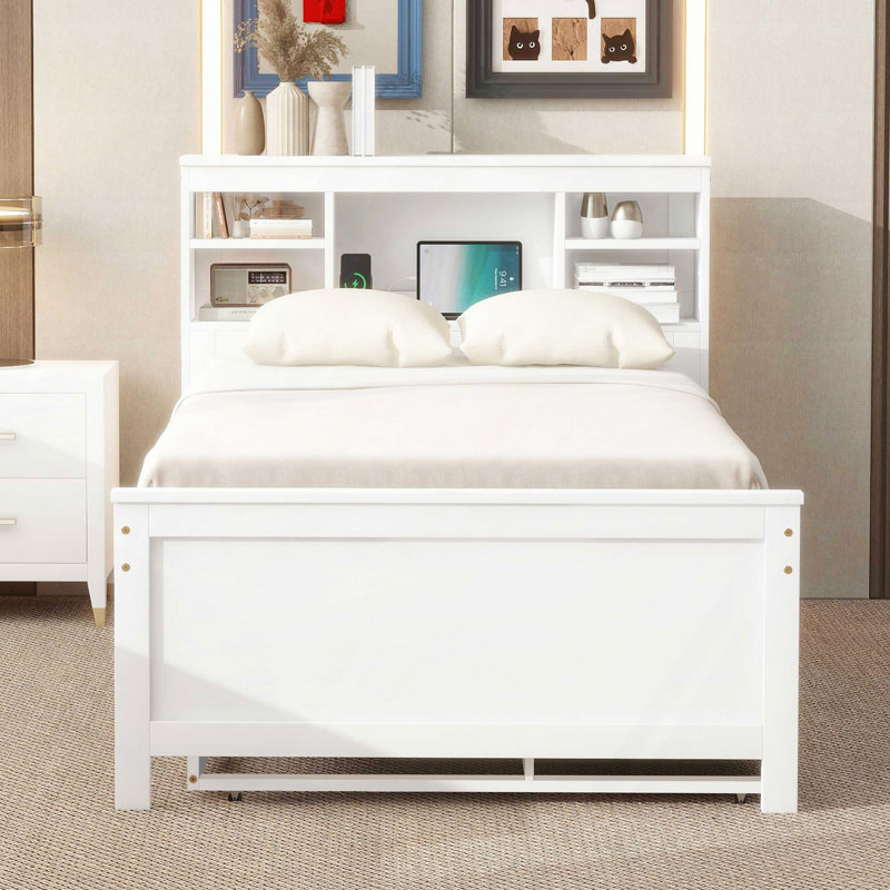 Lit plateforme avec tête de lit avec rangement, USB, lit gigogne et 3 tiroirs, Blanc