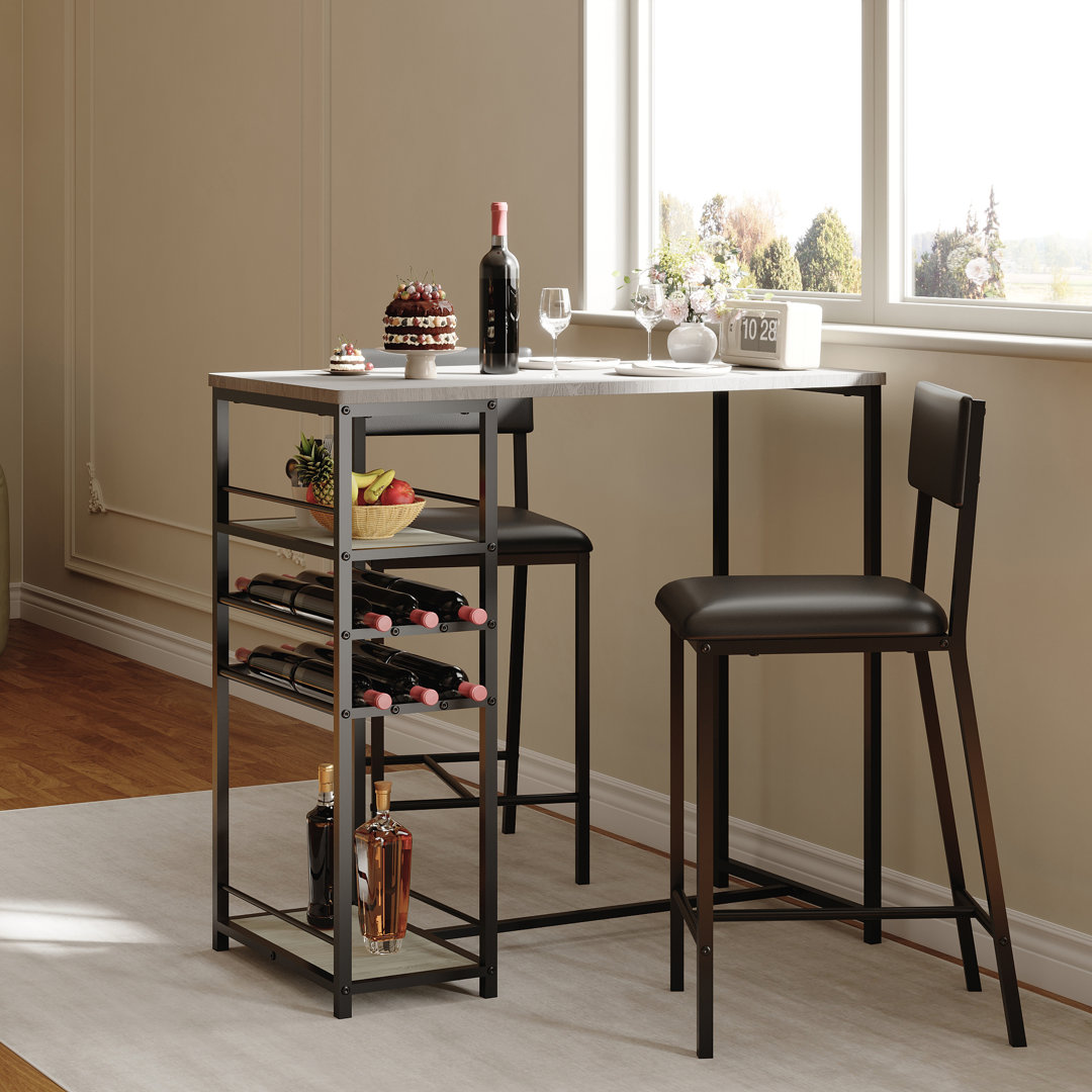 Modern Industrial Dining Table Set for 2 – Upholstered Chairs, 4-Tier Open Storage Shelves, Built-in Cup Holder & Wine Rack, Compact Furniture for Kit
