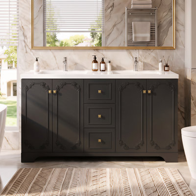 60 Inch Double Sink Bathroom Vanity, Wood Bathroom Cabinet with 3 Storage Drawers, Soft Close Doors & Lagre Cabinets, Victorian Sink Vanity, Black