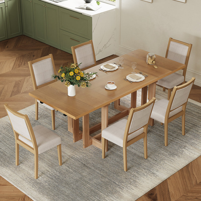 Ensemble de table de salle à manger extensible 7 pièces avec table à tréteaux et 6 chaises rembourrées, Naturel, Naturel