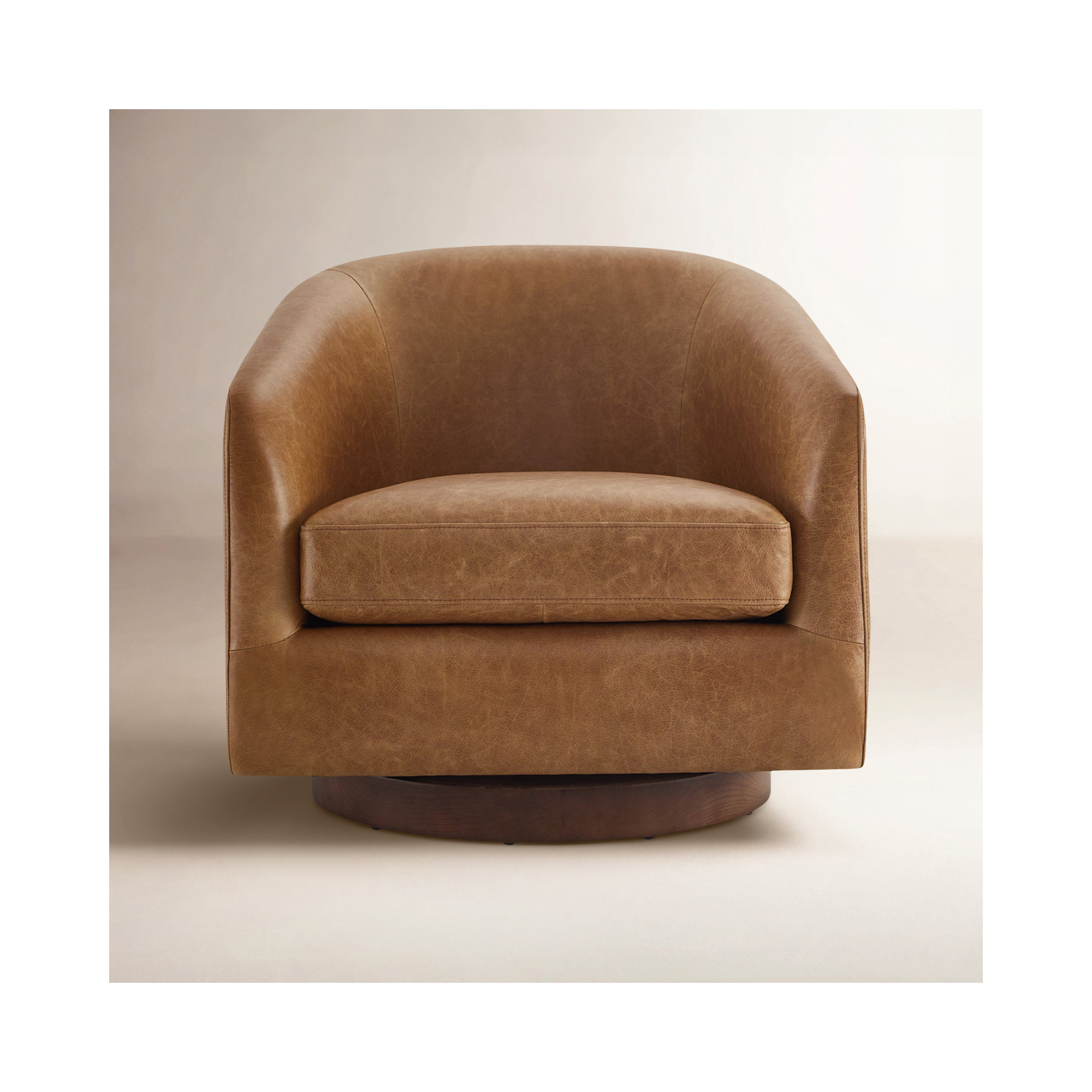 Bennett Genuine Leather Swivel Barrel Chair, Marseille Brown Genuine Leather