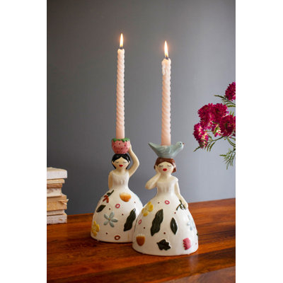  Ensemble de deux porte-bougies en céramique Figurative Girl Design