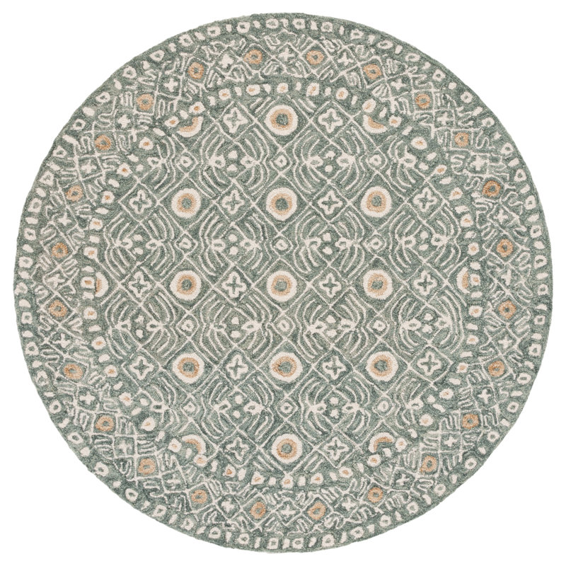 Montario Hand Tufted Wool/Cotton Geometric Rug in Green/Ivory, Round 5'