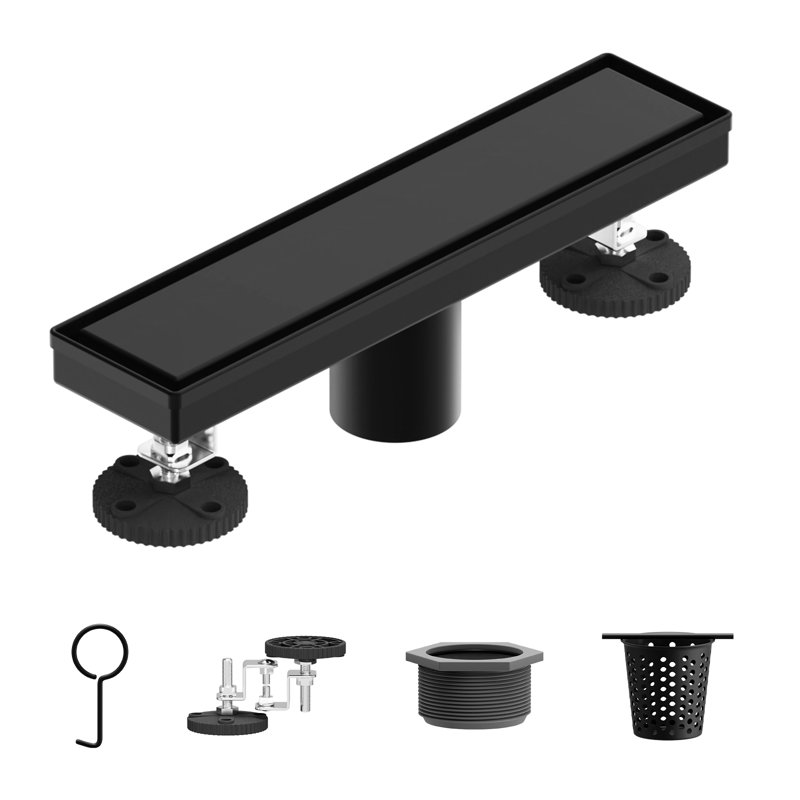 12 po Drain de douche avec panneau d'insertion de carreaux 2-en-1 avec couvercle de drain carré noir mat, Noir mat