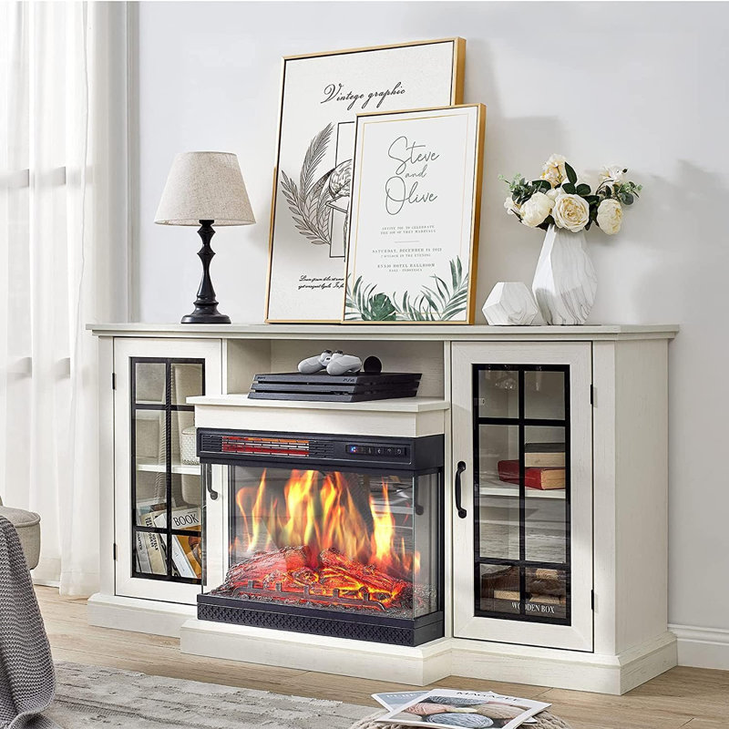 Fireplace TV Stand, 75'' Entertainment Center with 40" Fireplace, Electric Fireplace Heater with Frame and LED Light Colors, TV Console Cabinet with 2 Cabinet Door